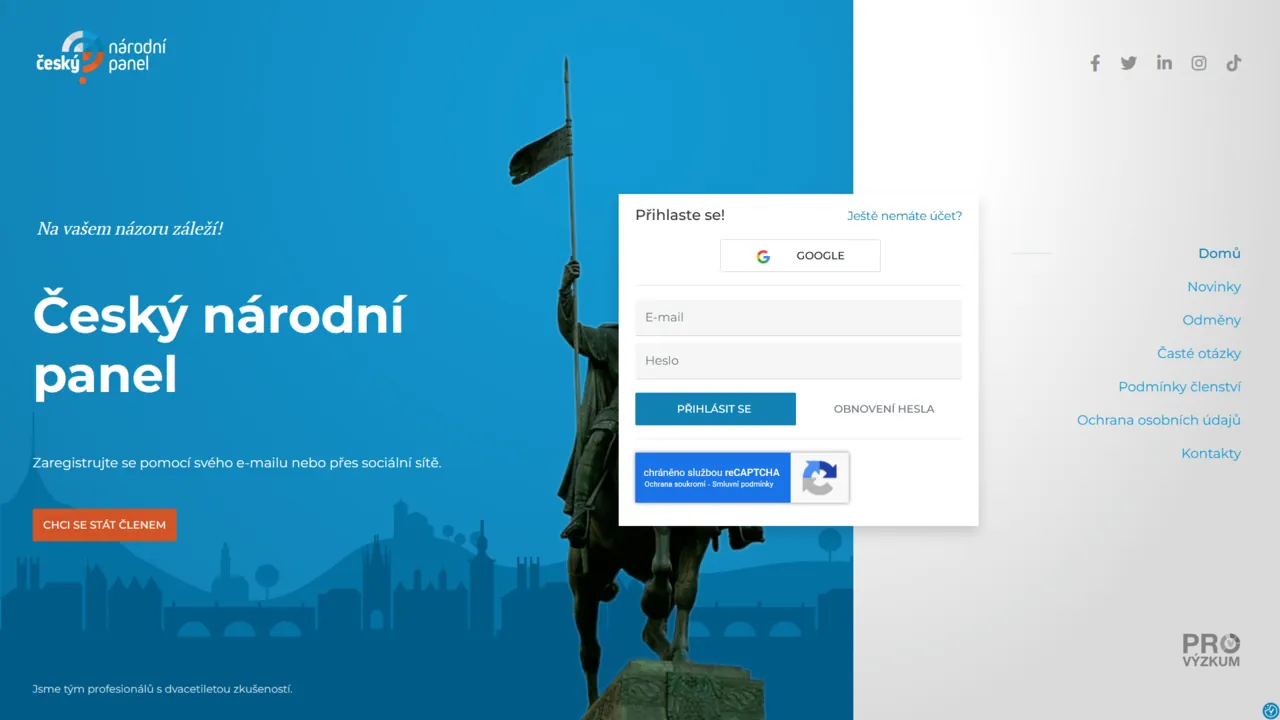 Screenshot portálu Český národní panel